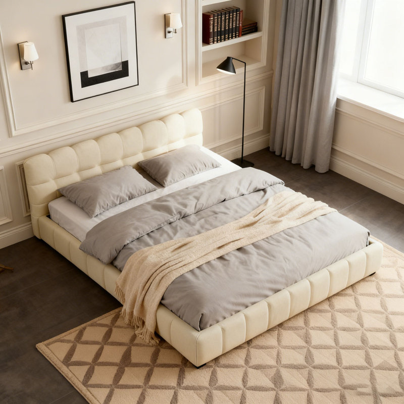Lit plateforme tapissier avec tissu épais, lit au sol avec structure solide, Beige