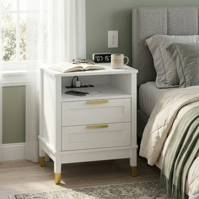 Table de chevet 2 tiroirs avec station de charge Vista, table de chevet avec tiroirs de rangement, table de chevet pour chambre à coucher, table de bout ou table d'appoint pour le salon, P 15,5 po x l 18,9 po x H 24 po