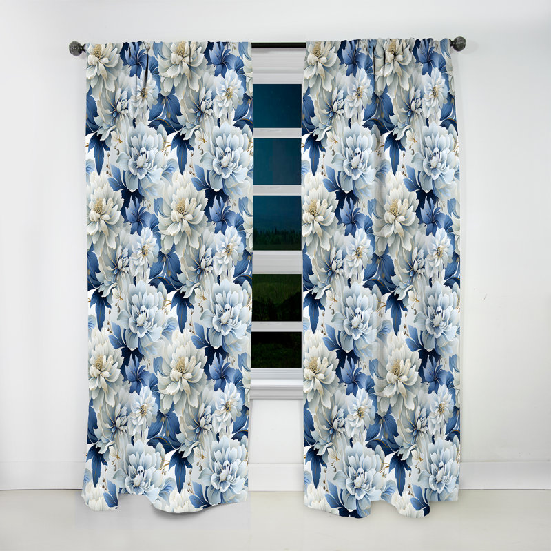 Misty White And Blue Floral Damask - Damask Curtain - Velvet Room Darkening - 1 Panel, 52" W x 95" L