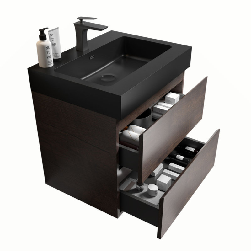 Meuble-lavabo mural 24 po en noyer de 24 po avec lavabo, grand meuble-lavabo flottant mural pour salle de bain moderne, lavabo une pièce noir sans drain ni robinet, pré-assemblé
