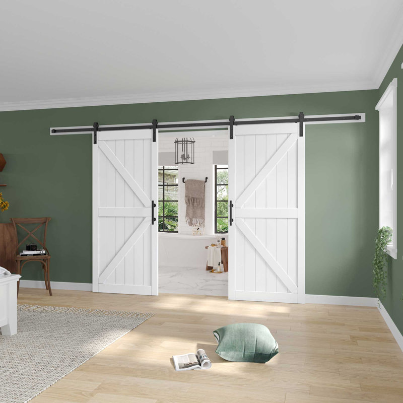 Porte de grange double à panneaux en bois manufacturé avec trousse de quincaillerie d'installation, 72 po x 84 po