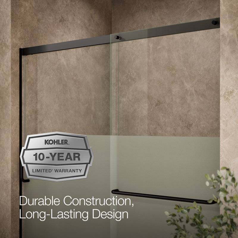 Elate Sliding Bath Door, 56-3/4-In H X 56-1/4 - 59-5/8-In W With Heavy 5/16-In Thick Crystal Clear Glass With Privacy Band