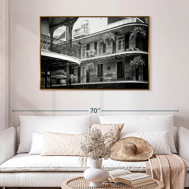 NOLA noir - façades de balcon Bourbon, 46 po x 31 po, Cadre flottant doré