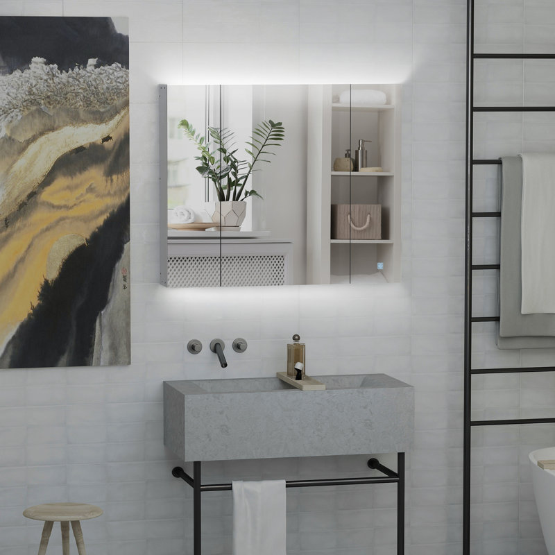 Armoire de toilette blanche à miroir avec gradateur et connexion, prise de charge 35,5 x 29,5