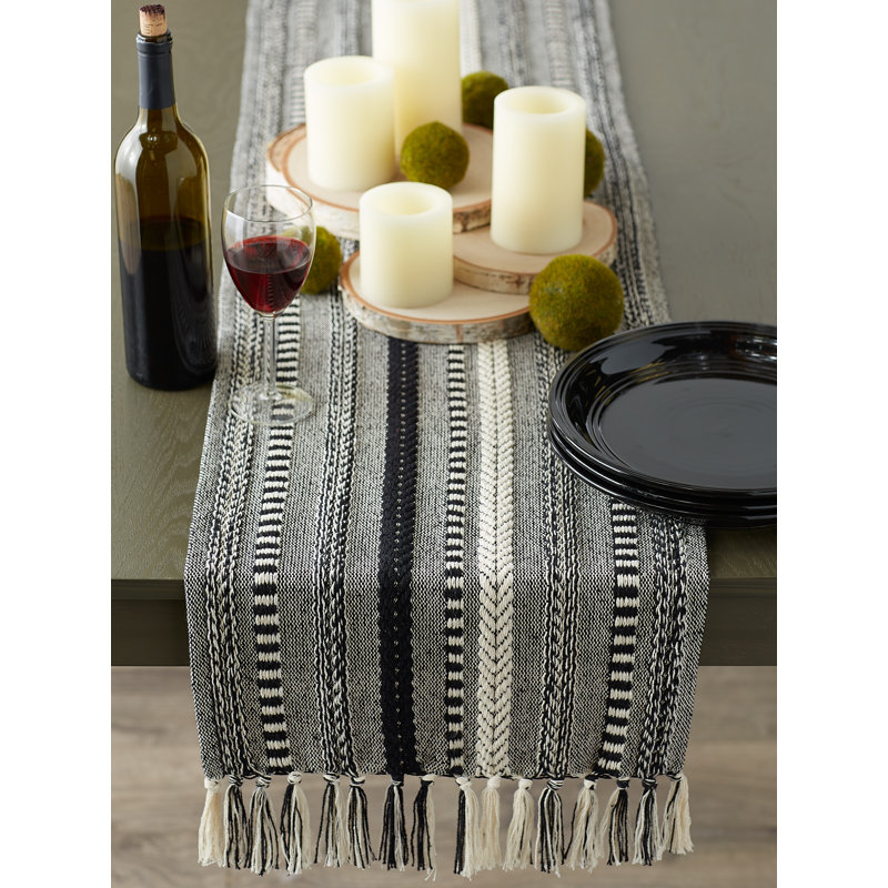 Leore Striped 100% Cotton Table Runner, 72" x 15", Black