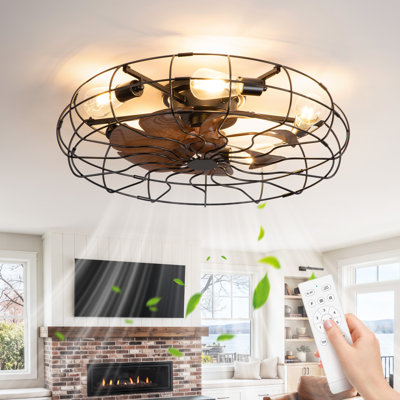 23.6" Caged Ceiling Fan with Light, Flush Mount Small Ceiling Fan with Remote Control, Reversible Quiet DC Motor, 5-Light E26 Base for Bedroom, Living Room
