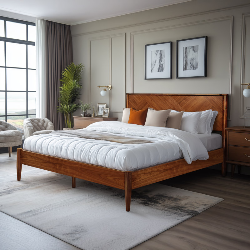 Kalleen Solid Wood Bed Frame with Artistic Patterned Headboard, Queen, Walnut