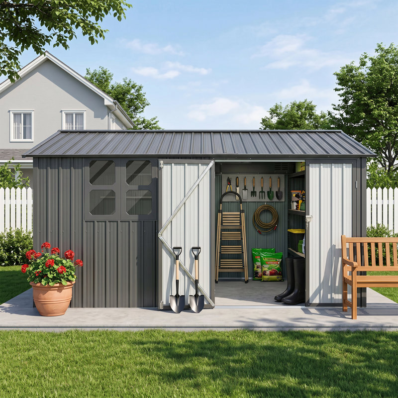 Remise de 120 po x 144 po en métal gris avec fenêtres et tablettes de rangement - une remise à outils de jardin résistante aux intempéries, parfaite pour un patio.