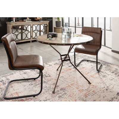 Heavy Industry Round Solid Wood Top Metal Base Dining Table