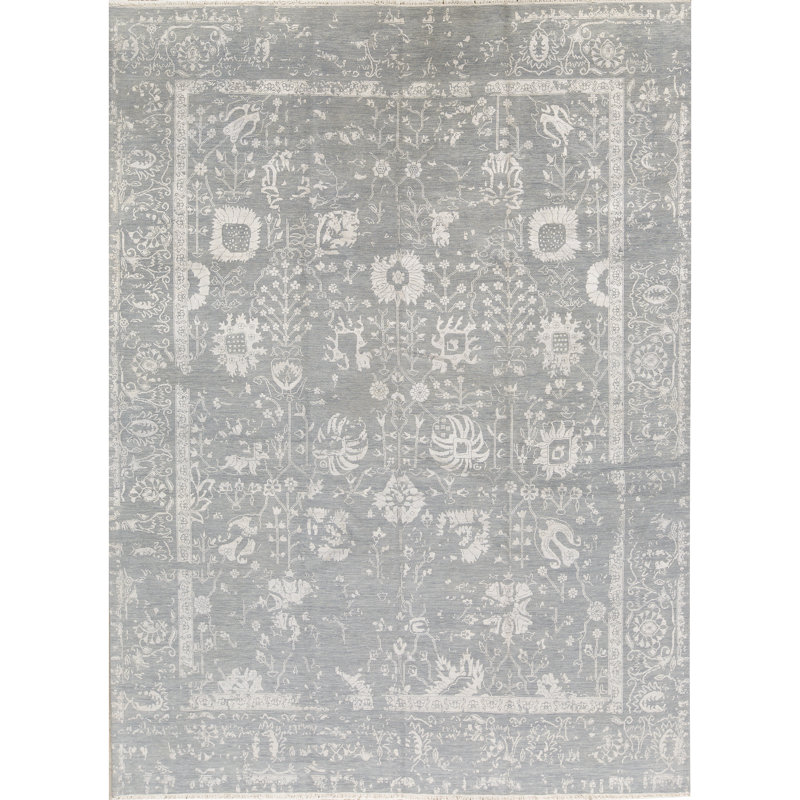 Tapis bleu et argent noué à la main de haute qualité