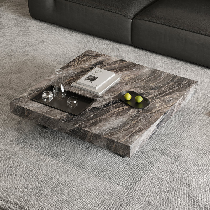 Square Coffee Table with Glossy Sintered Stone Table-top, Modern Coffee table with Stainless steel legs for Living Room, Gray