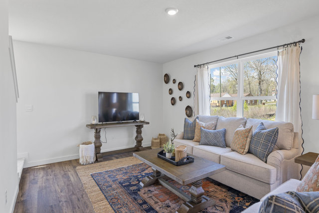 Living room with television, sofa, coffee table, and area rug.