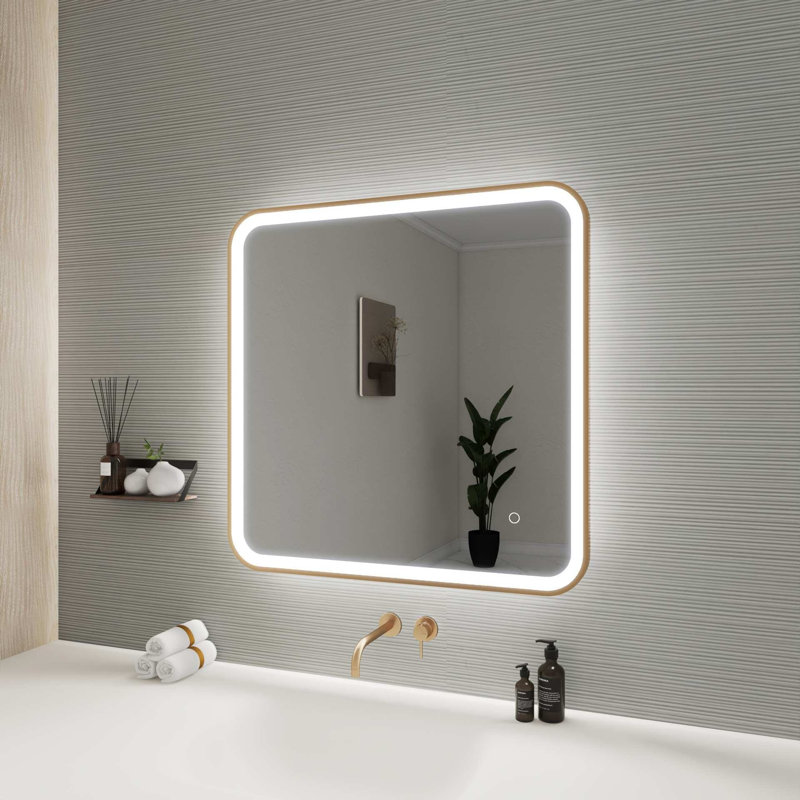 30 Inch Rectangle LED Front and Backlit Wall Mirror in Satin Gold, Satin Gold, 30" x 30"