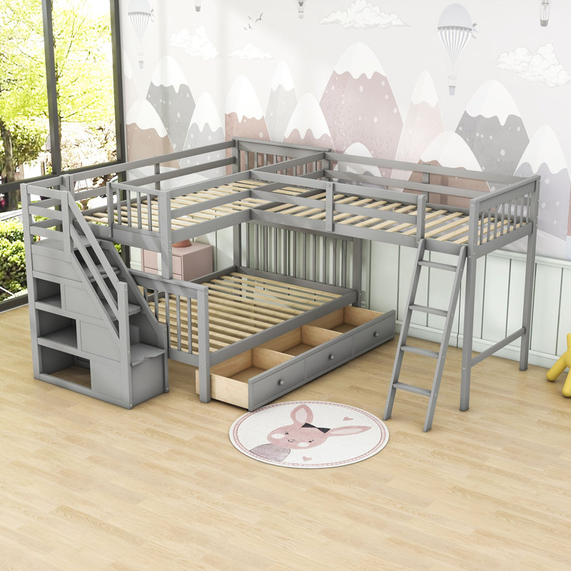 Gianpiera Twin Over Full & Twin 3 Drawers L-Shaped Bunk Bed With Shelves by Harriet Bee, Gray