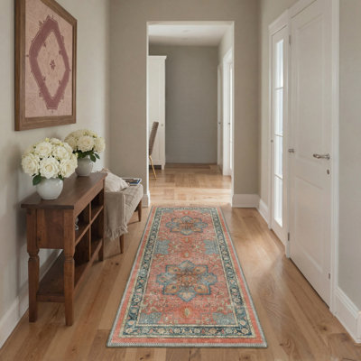 Roehit Oriental Performance Rust / Navy 2' x 6' Runner Rug, Machine Washable