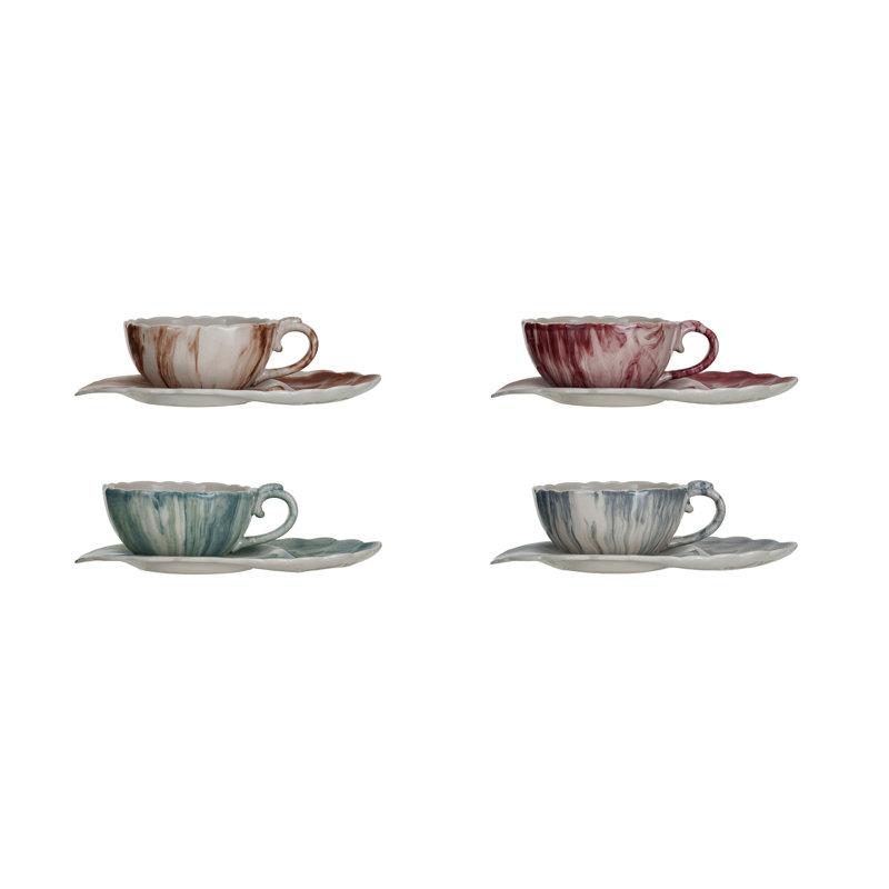 Multicolore, ensemble de 4 tasses à thé en grès avec soucoupe et quatre styles