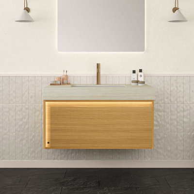 Meuble-lavabo autoportant de 36 pouces avec lavabo en céramique, 3 tiroirs, armoire et tablettes, finition grise, panneau de fibres à densité moyenne durable et bois massif