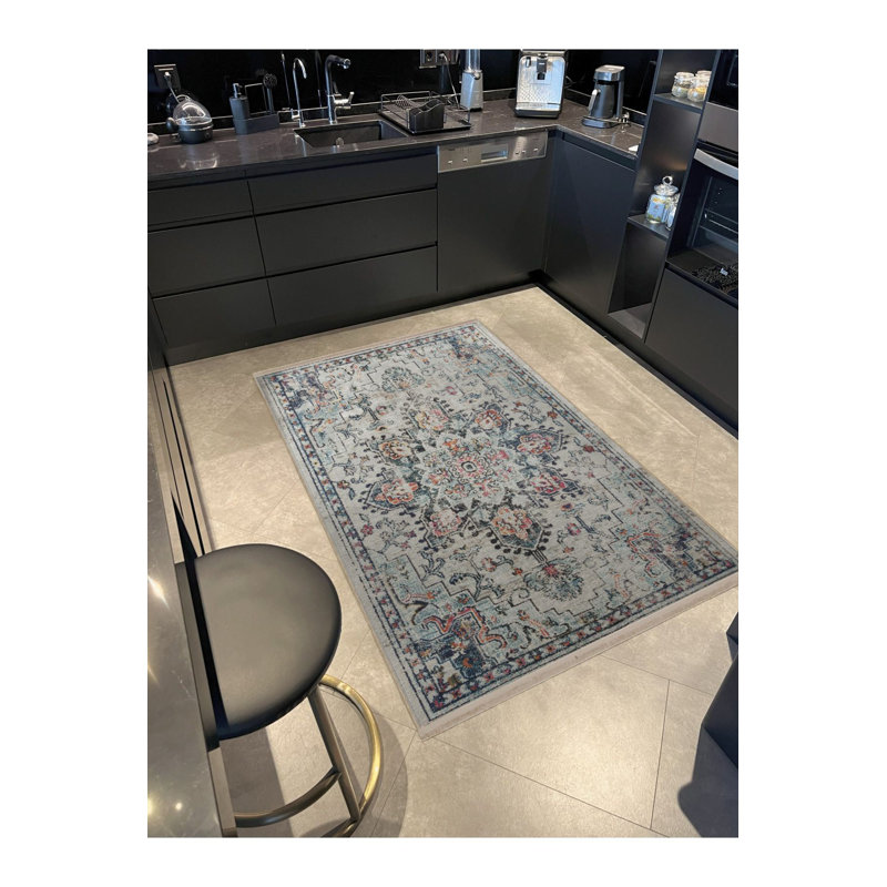 Tapis décoratif lavable à la machine à motif floral traditionnel beige multicolore, Rectangle 4 pi 7 po x 6 pi 7 po