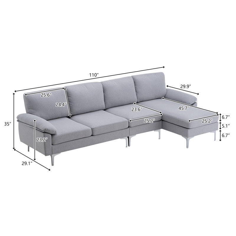 Upholstered Sectional Reversible, Light Gray Polyester Blend