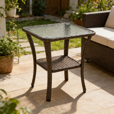 Square Wicker Rattan Side Table With Built-in Glass