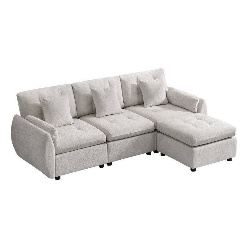 Ensemble de canapé modulaire avec repose-pieds capitonné et dossier coussiné, Chenille gris pâle
