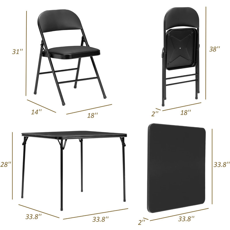 Folding Card Table And Chair Set Of 5 Portable With Padded Tabletop, No Assembly Required, Black