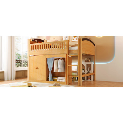 Twin Size Loft Bed with Storage Cabinet, Wardrobe and LED, Wood Color and Espresso