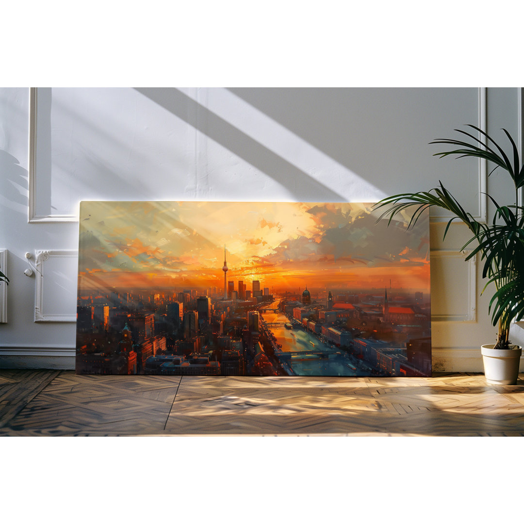 Bilder auf Leinwand 120x60cm Metropole Kanal Hochhäuser Großstadt Sonnenuntergang