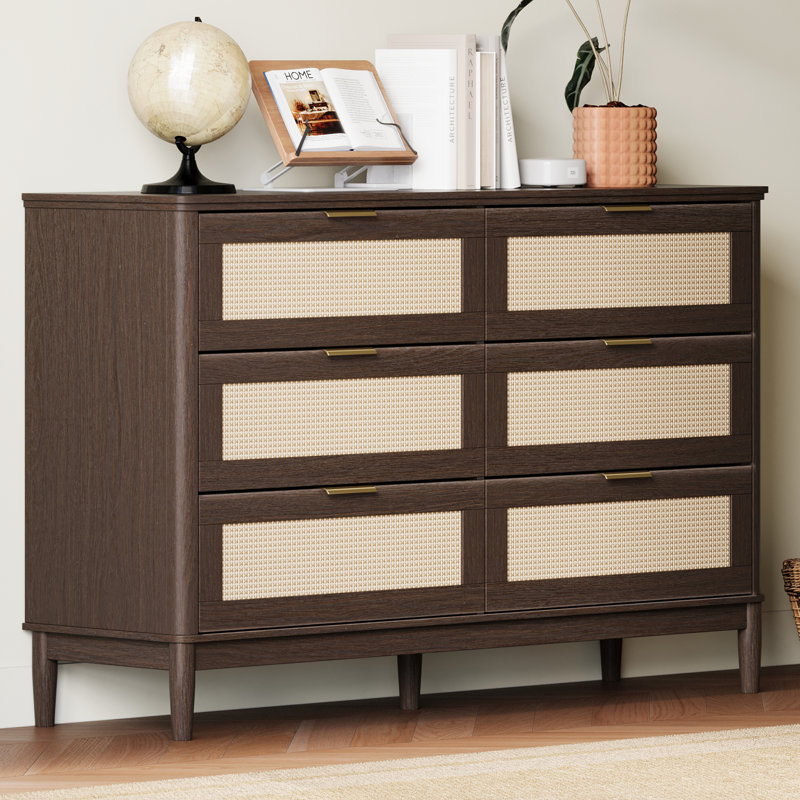 Commode à 9 tiroirs en rotin 58 po avec pieds en bois massif - Commode de rangement bord de mer Boho pour chambre et salon