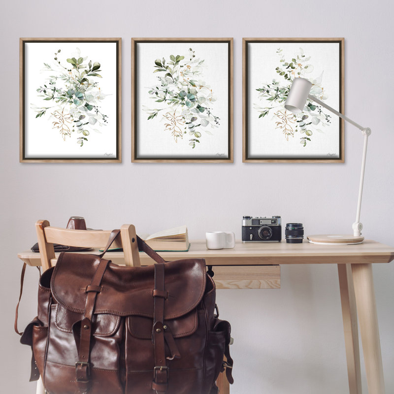 «Herbal Botanicals Pattern Floater Frame» par Roozbeh, 3 pièces sur toile, Cadre flottant orme Montalcino, H 31 po x l 75 po