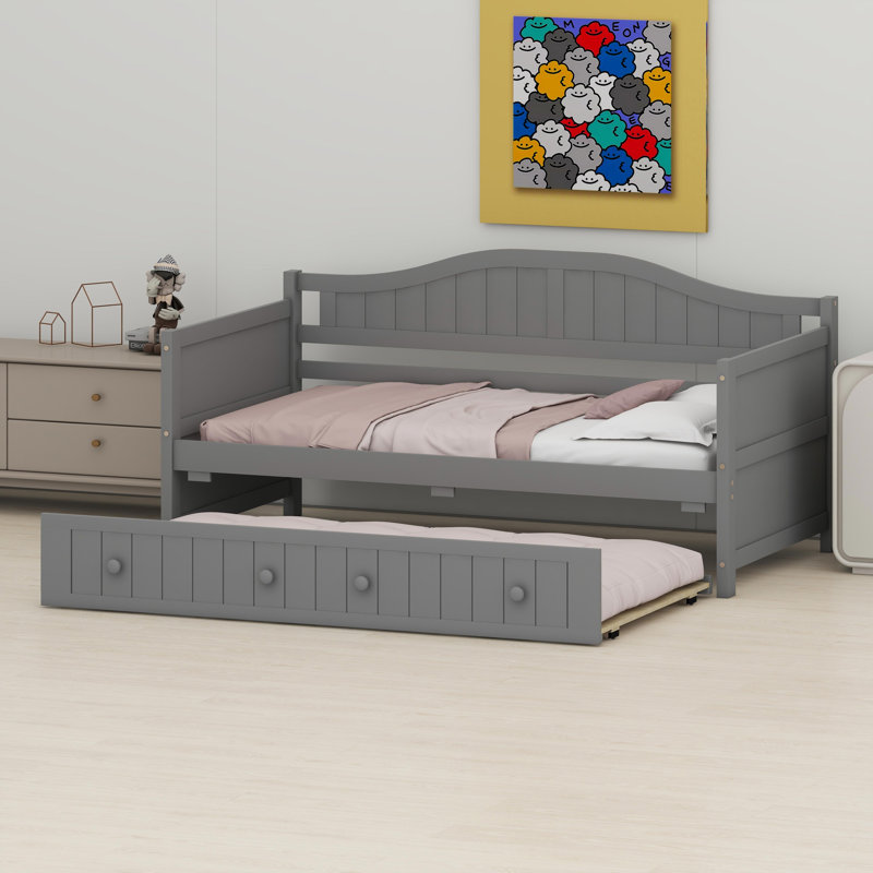 Multi-Functional Wood Daybed Featuring Hidden Trundle Bed and Dual-Purpose Sofa Design, Gray