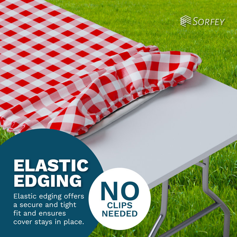 Ebern Designs Vinyl Picnic Fitted Tablecloth Cover, Solid Design, Flannel Backed Lining, 30" D x 72" L, Blue