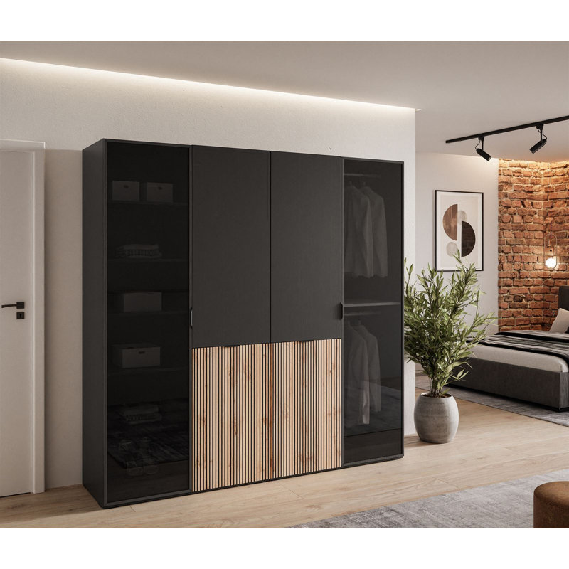 Manufactured Wood Wardrobe, Black Graphite + Wotan Oak/Black Glass