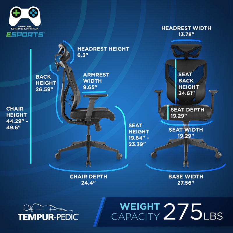 Tempur-Pedic Blaze Auto-Adaptive Ergonomic Gaming Chair with Lumbar Support and 3D Armrest Adjustment, Black