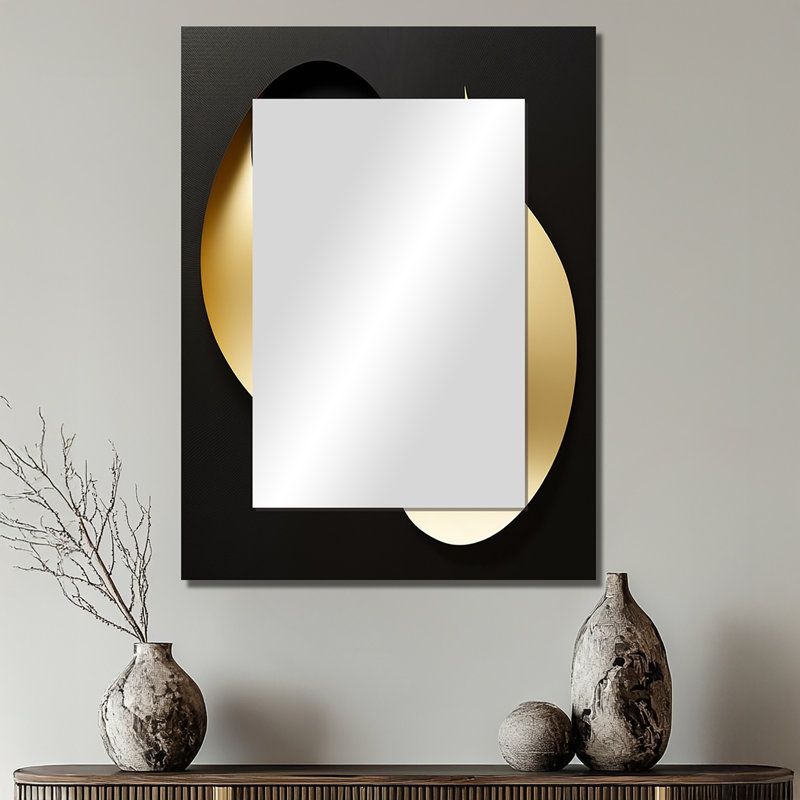 Golden Droplets On Black - Geometric Decorative Wall Mirror, Black Mirror, Printed Metal Art, 32" x 24"