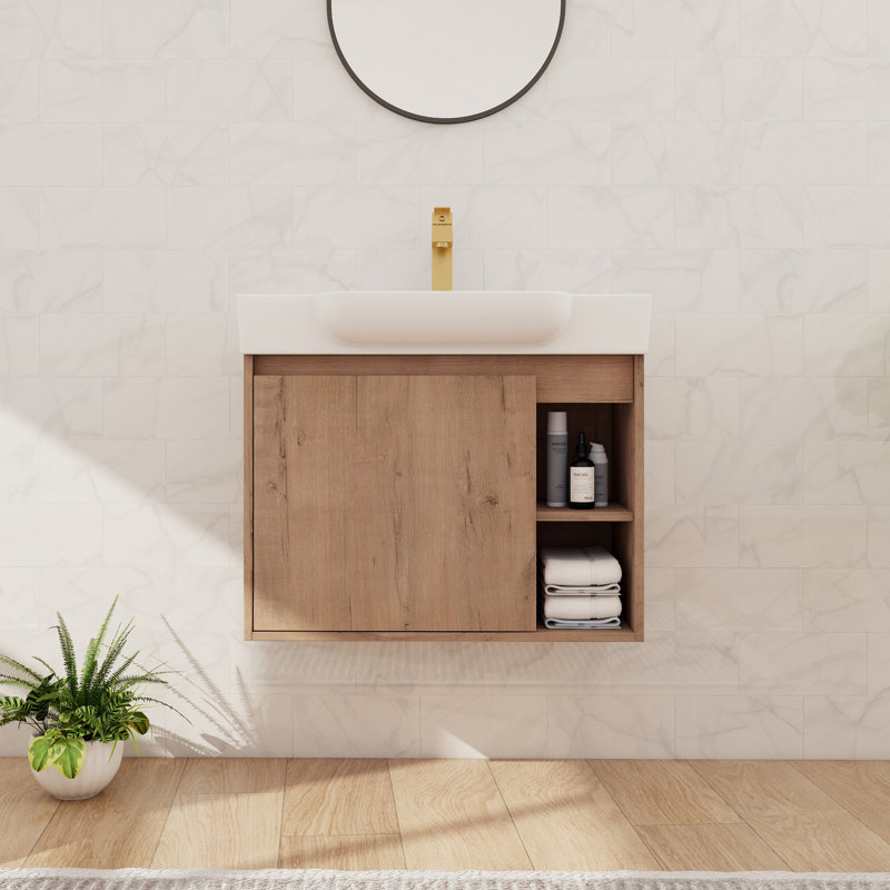 Meuble-lavabo mural de 28 pouces avec lavabo en céramique, armoire à porte simple compacte et tablette ouverte, 28"