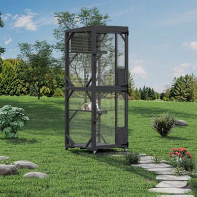Spacieuse maisonnette d'extérieur pour chat avec 4 roues - Enclos pour chat en bois - Niche de patio multi-chats sécuritaire pour la cour ou le jardin, noir