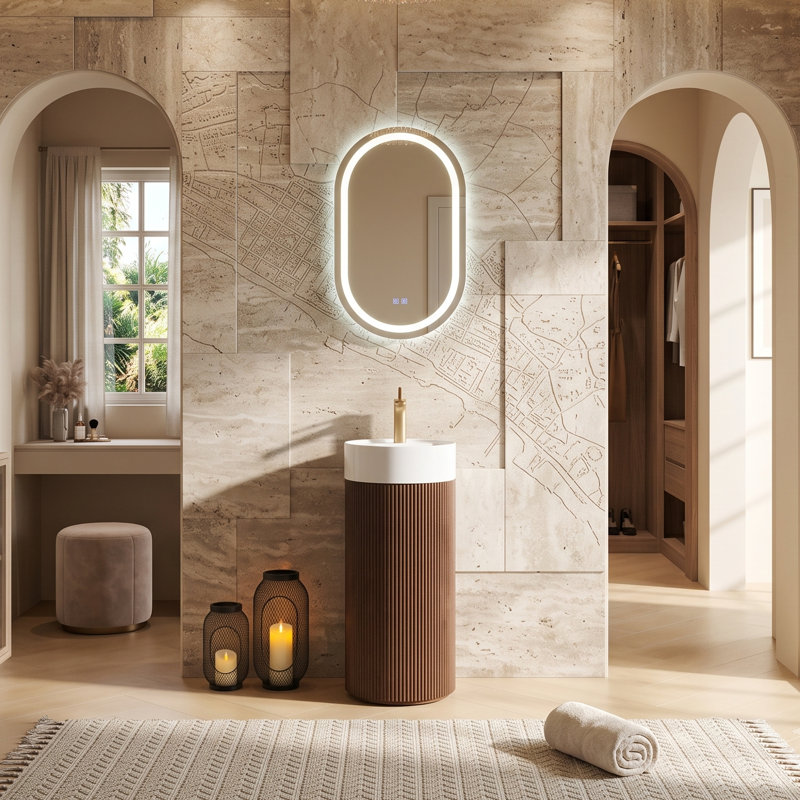 Meuble-lavabo cylindrique autoportant 16 po avec lavabo rond à surface solide, bois massif scandinave moderne, Walnut, Whie