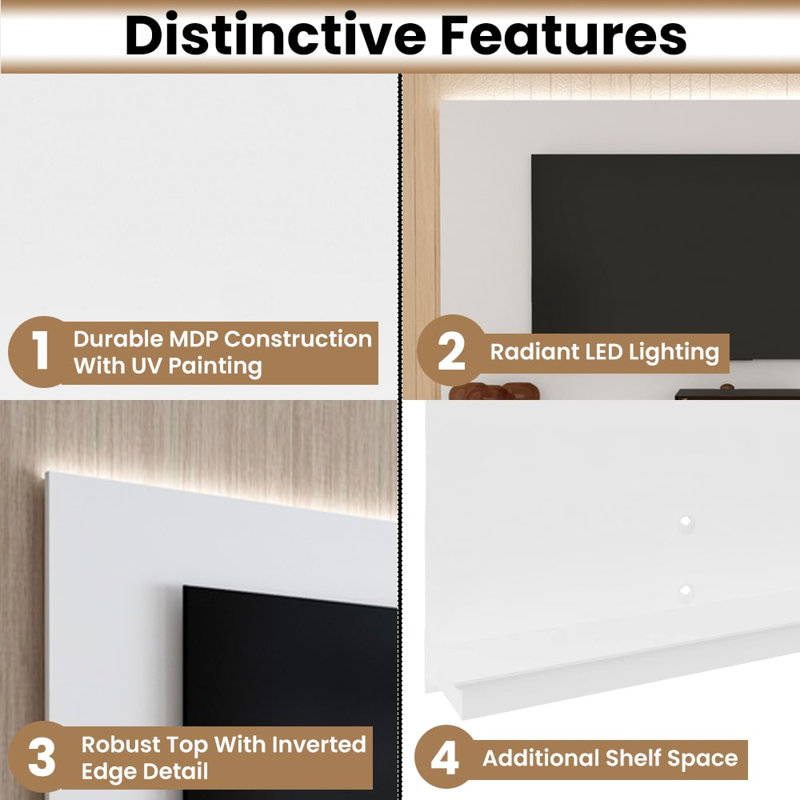Dymphia Floating Entertainment Center for TVs up to 55 inch, TV Wall Panel with LED Strip and Shelf, White