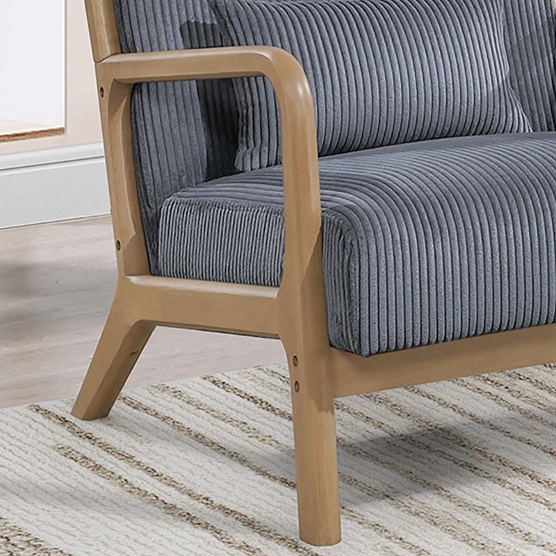 Chaise d'appoint classique gris foncé avec structure en bois, accoudoirs uniques et revêtement en velours côtelé transitionnel à profil bas assorti