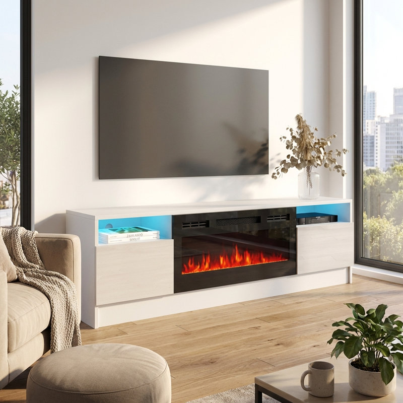 63" Modern TV Stand with Electric Fireplace, High Gloss Finish, Media Storage, White