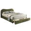 Grand lit tapissier en velours olive, tête de lit courbée, rangement, structure en bois massif de style contemporain, décor de chambre transitionnel