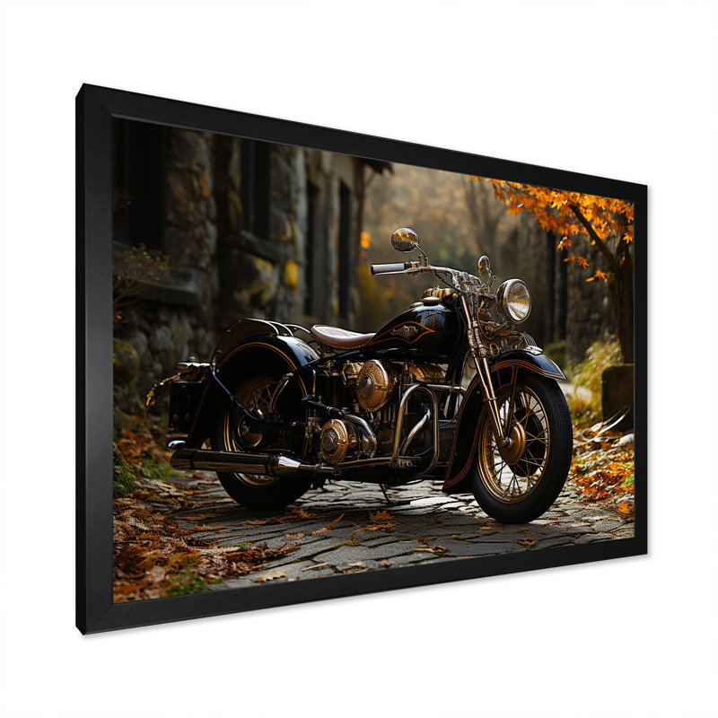 " Motorcycle Charm In Winter ", Black Picture Framed, 34" H x 44" W x 1.5" D