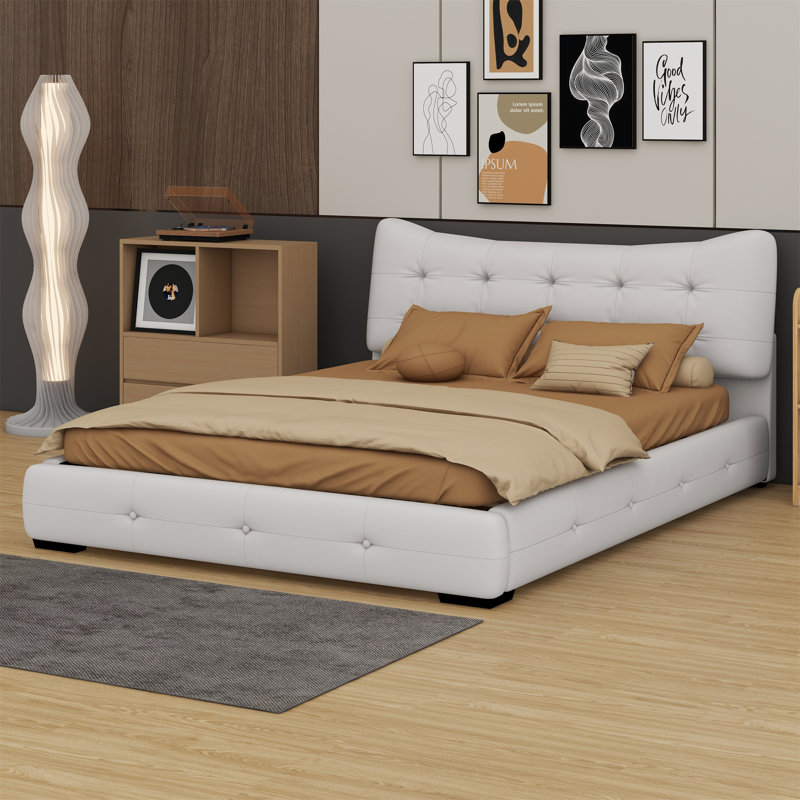 Lit grand rembourré en polyuréthane avec tête de lit ergonomique à oreilles, Crème
