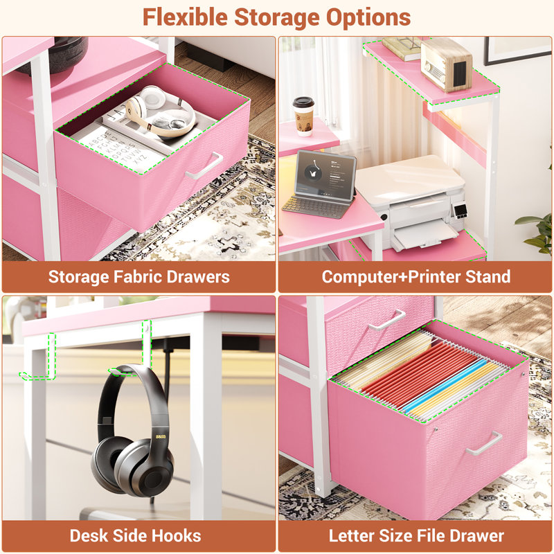 60'' Reversible Gaming Desk With Monitor Stand & Fabric Drawers, Pink/White