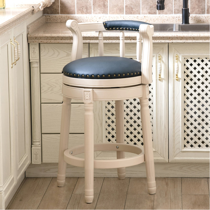 Sturdivant Genuine Leather Swivel Wooden, Blue Leather/ Beige Frame, Counter Stool (26" Seat Height)