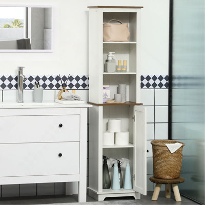 Slim Bathroom Storage Cabinet With Triple Open Shelves, Wooden Freestanding Linen Tower With Door And Shelf Adjustability