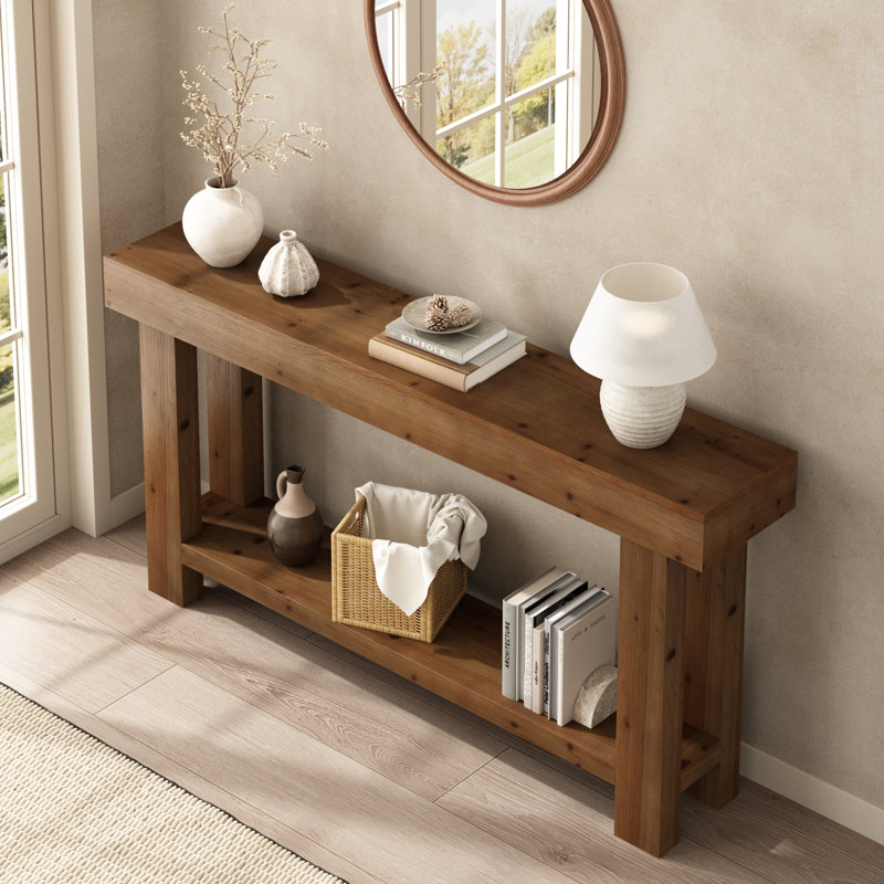 Danard 63'' Solid Fir Wood Console Table with Storage Shelf – Farmhouse Rustic Entryway Table, Warm Brown, Embossed Texture, Heavy-Duty Legs, Quick Assembly