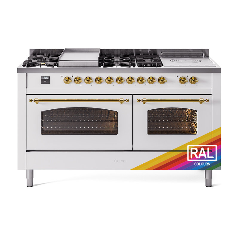 ILVE Nostalgie II 60 Dual Fuel Range, 5 Burners, Griddle, Frenchtop , Natural Gas, RAL Color/Brass