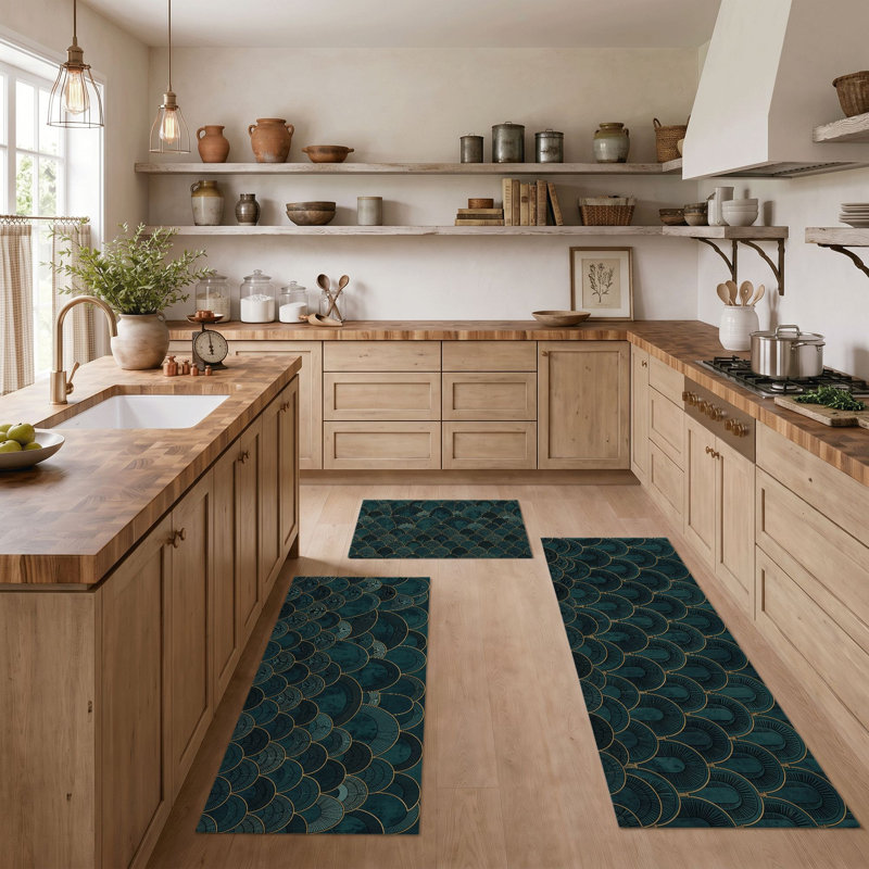 Teal Scale Non-Slip Washable Kitchen Mats